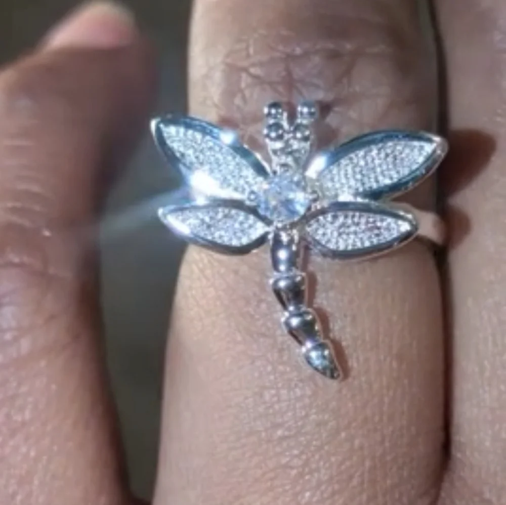 Vintage Women's Quality 925 Sterling Silver CZ Diamond  Dragonfly Ring  Size 5